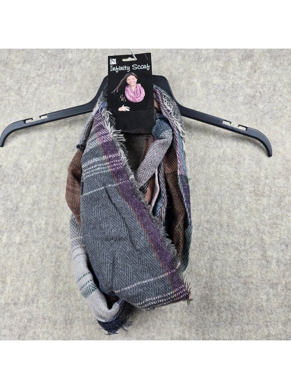 Nicole Womens Infinity Scarf Multicolored Plaid Fringe Polyester Blend
